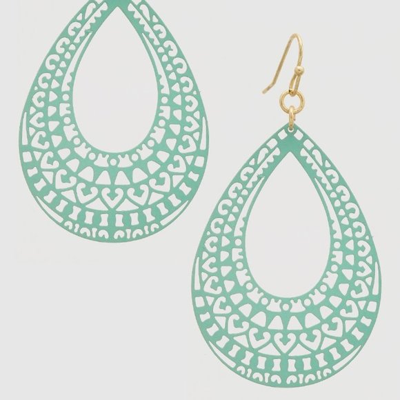 Metal Ornate Stencil Teardrop Earrings Turquoise - Picture 2 of 2